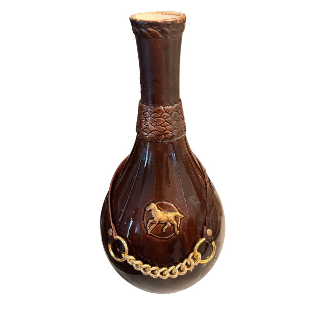 Vintage 1950s Lego Japan Ceramic Horse Decanter Bottle Brown Gold Chain Vase